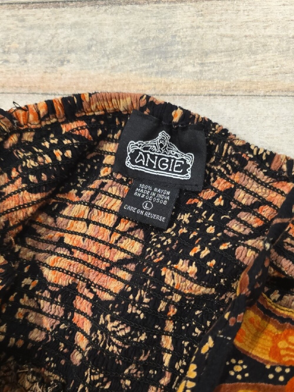 Angie Midi Black Dress with Orange and Brown Floral Accents Size Large Smocked - Picture 3 of 6